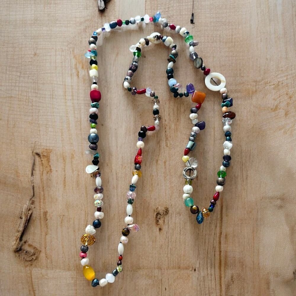 Long Multicolored Gemstone & Mixed Bead Artisan Necklace